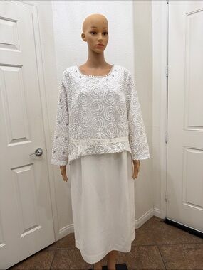 Ashro White Satin Lined Dress Rhinestone Beaded Sequin Dress Sz 20W Scoop Neck